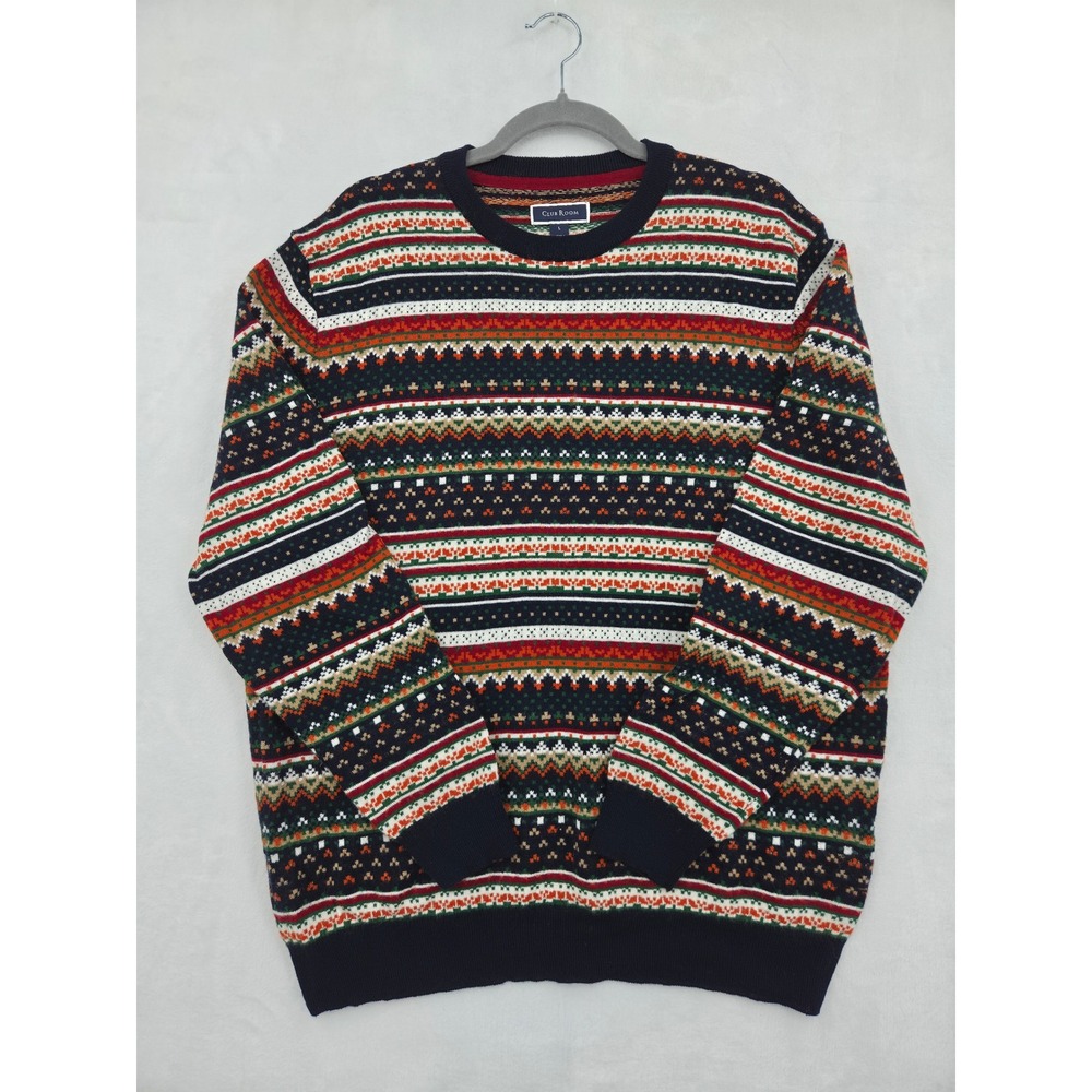 Club Room Mens Fair Isle Crewneck Sweater Merino Wool Blend Multicolor Large